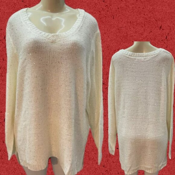 Woman Within + 22/24 Cream Sequin V-Neckline Ribbed Trim Long Sleeve Sweater - Picture 1 of 6